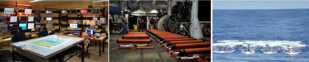 Figure 3 (left). The main lab.  Figure 4 (middle). A line‐up of birds for the streamer. Watchstanders Matt Hughes and Martina Coccia assisting the ship’s crew. Figure 5 (right). Guns discharging.