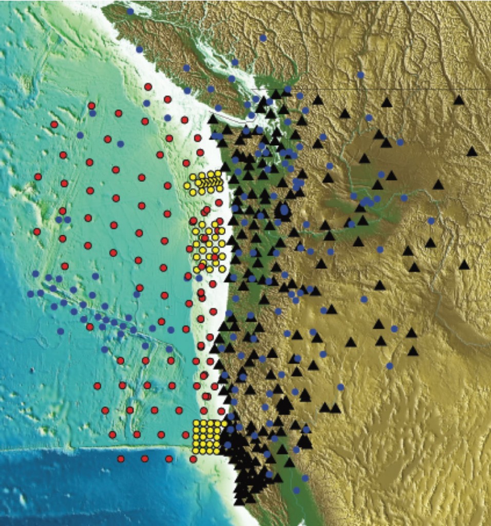 PBO GPS stations upgraded as part of the Cascadia Initiative (black triangles) and broadband seismometers (circles) expected to operate in the Cascadia Region in various time windows between 2011 and 2015. For a detailed discussion of the different seismometer experiments (color-coded) and the schedule of their deployments, please see the full workshop report.