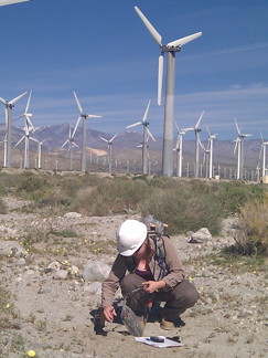 Figure 3. Deploying a Texan seismograph on a wind farm near Palm Springs.