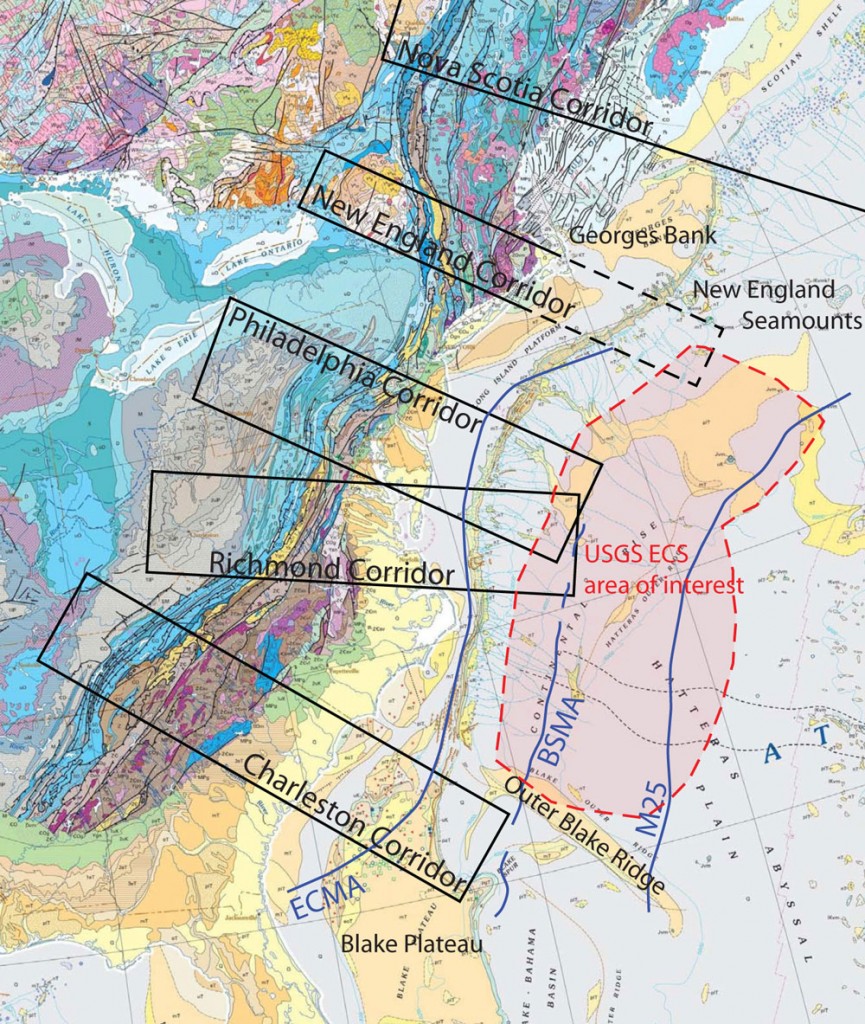 Figure 1: Map of Discovery Corridors in ENAM focus area. The red shaded area is the target of the USGS seismic program on the U.S. Extended Continental Shelf. ECMA = East Coast Magnetic Anomaly, BSMA = Blake Spur Magnetic Anomaly.
