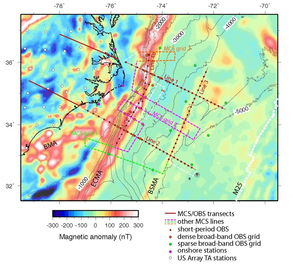 Figure 1. Idealized instrument layout and transects of the ENAM Community Seismic Experiment.